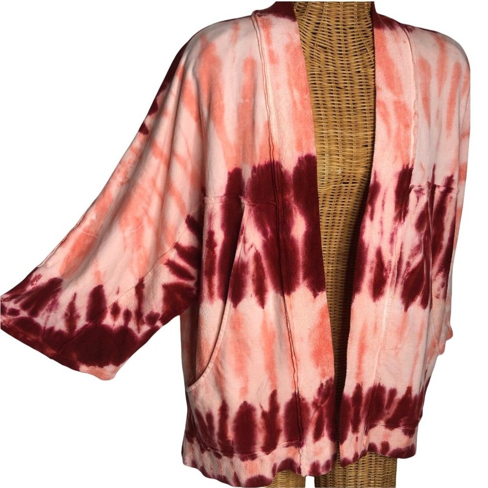 Tie-Dye Open Front Cardigan - Pink and Red